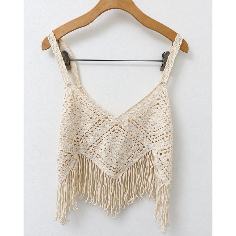 New In M/L Cream Crochet Fringe Crop Top Boho Festival Beach Y2K